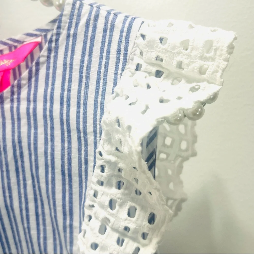 LILLY PULITZER Ellis Peplum Blue Stripe Eyelet Ruffle Sleeveless Top Blo… - Picture 5 of 13